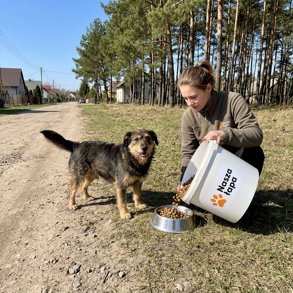 Vrijwilliger vult een voerbak voor een zwerfhond