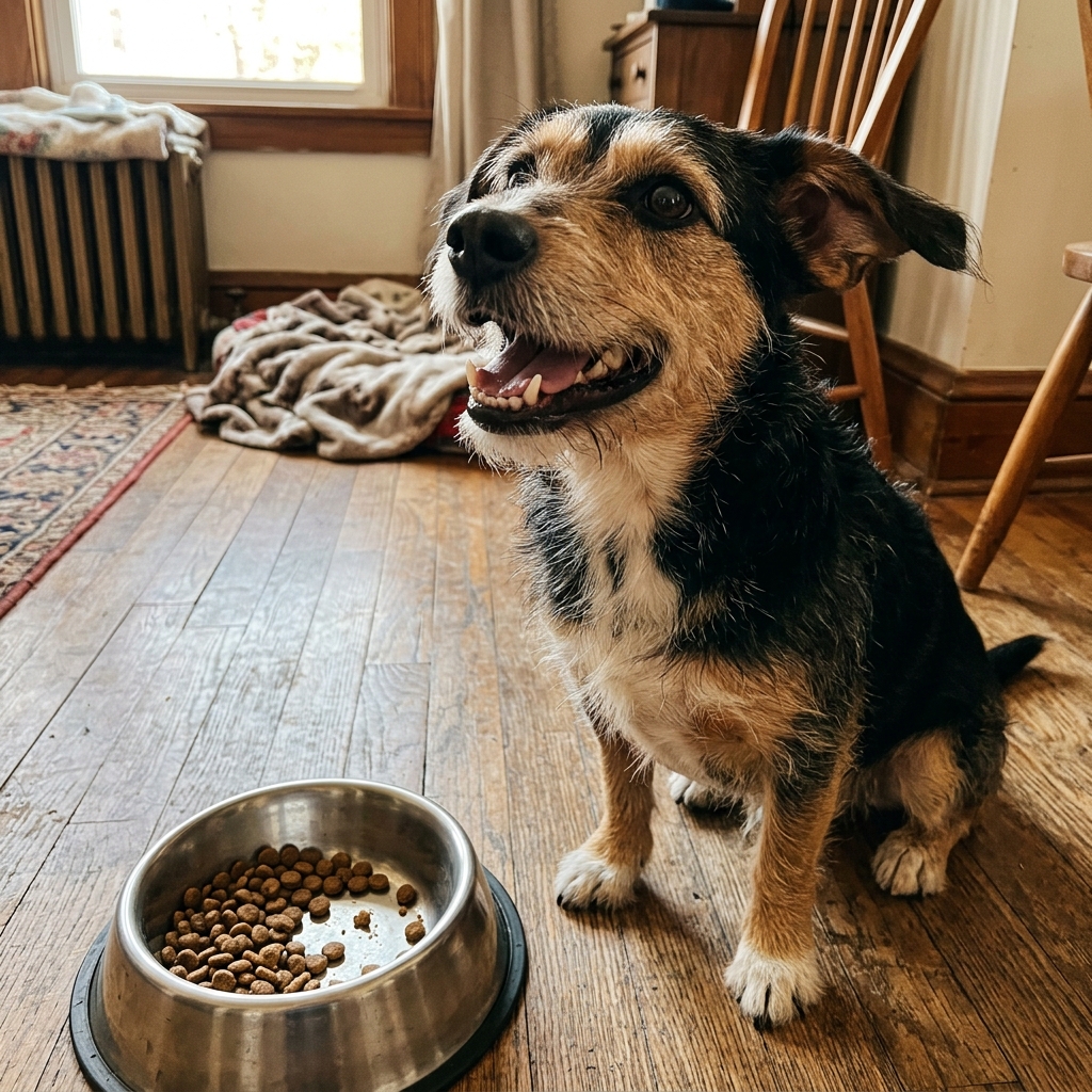Hond wacht bij een volle voerbak binnen