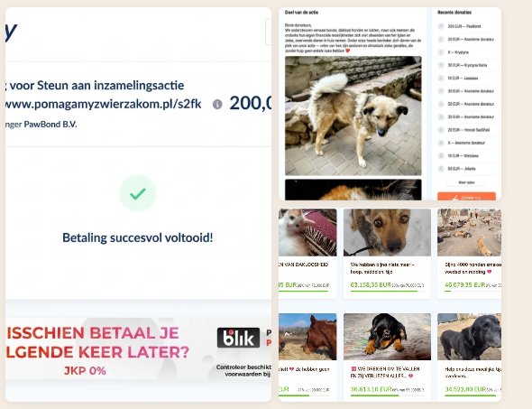 Screenshots van betalingsbevestigingen en gesteunde inzamelingsacties voor zwerfhonden in Polen