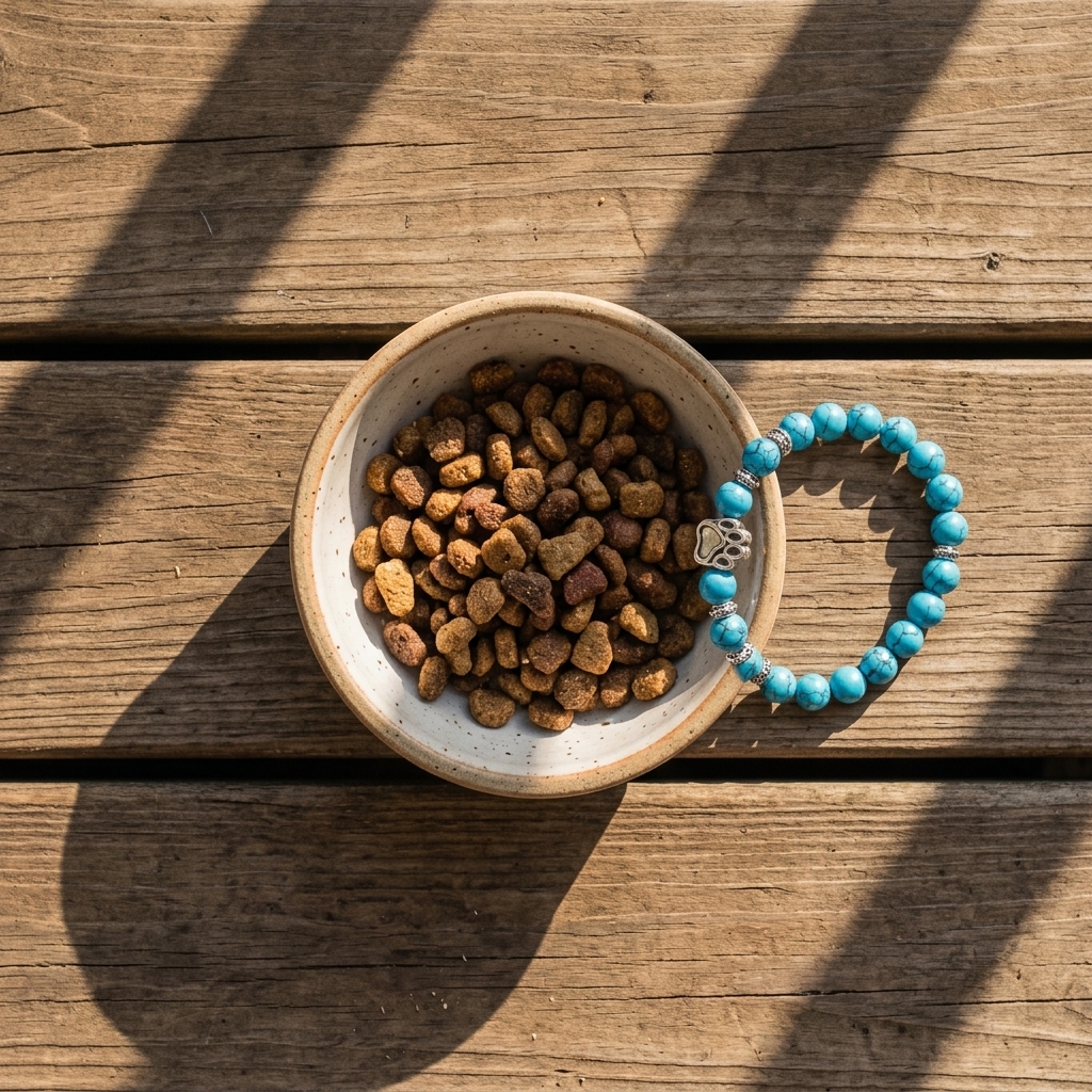Voerbak met brokken naast een turquoise PawBond armband