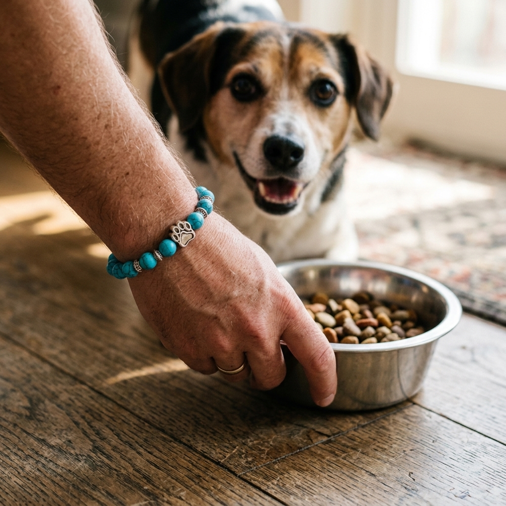 Hand met PawBond armband schuift een voerbak naar een hond